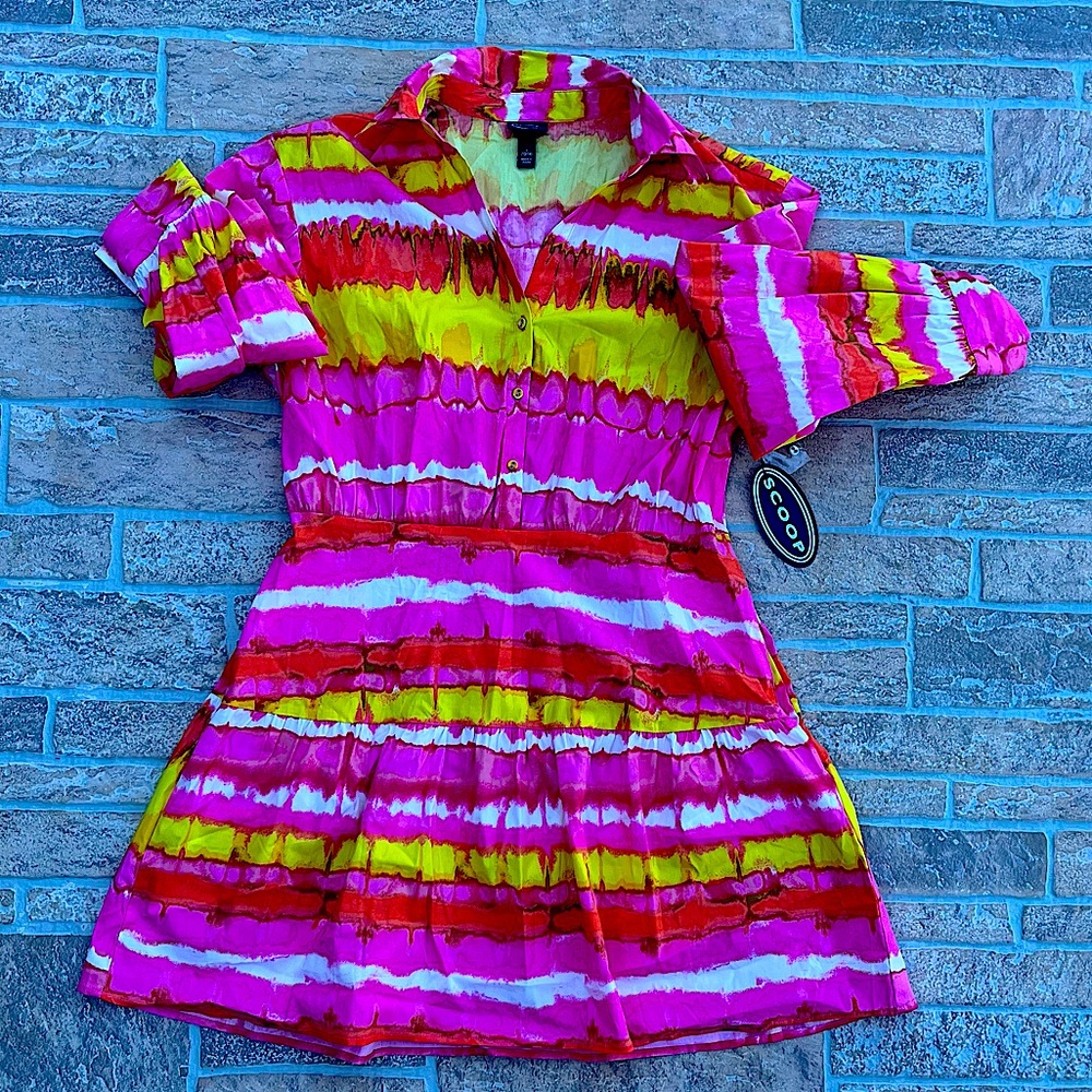 Scoop Womens Bright Mini Dress Size Large Cotton Long Sleeve Pink Yellow Pockets